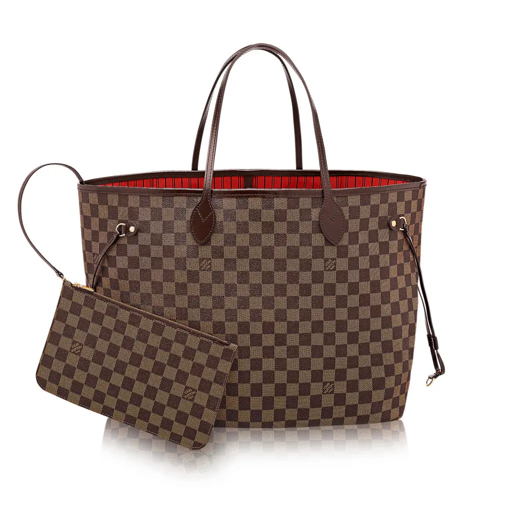 Damier Ebene tote with pochette attached to it