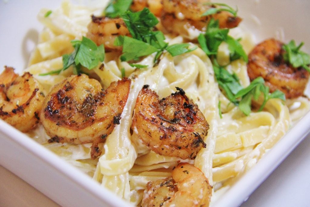 Fettucine with Grilled Shrimp.