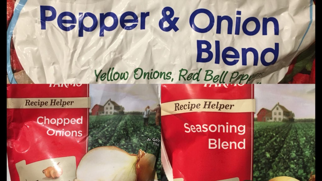 bags of pepper & onion blend, chopped onions, and seasoning blend.
