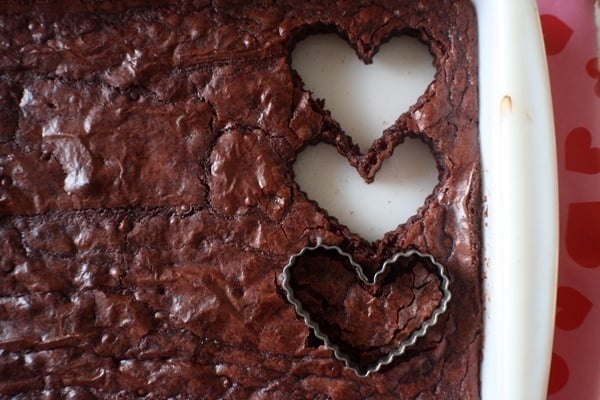 Valentine's Day Romantic dinner heart shaped brownies on a tub