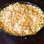 cast iron skillet with smoked mac and cheese.