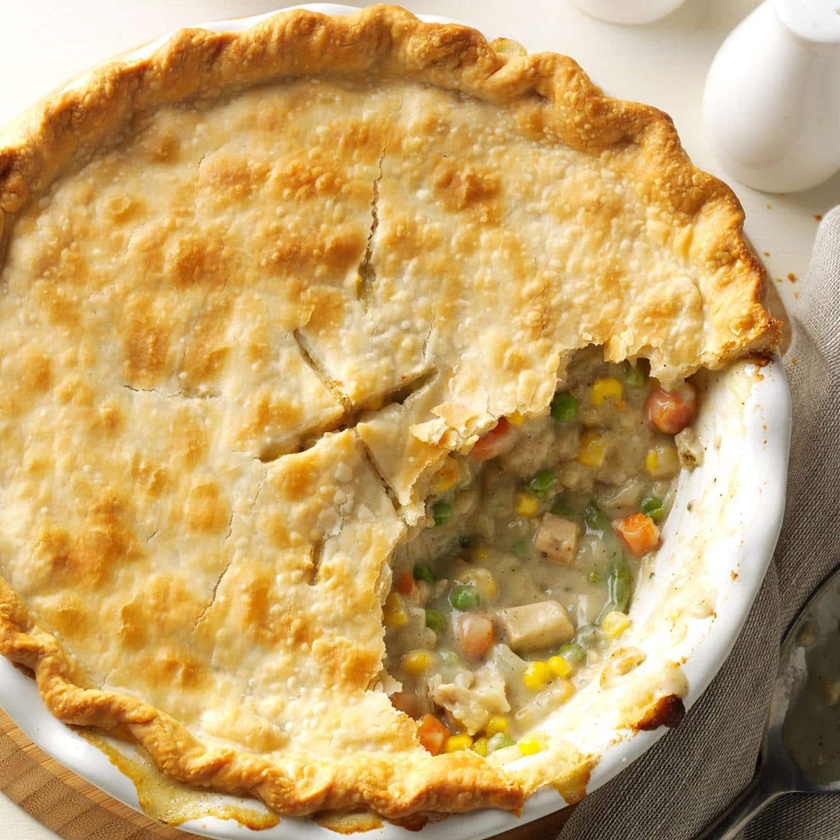 pie plate of chicken pot pie.