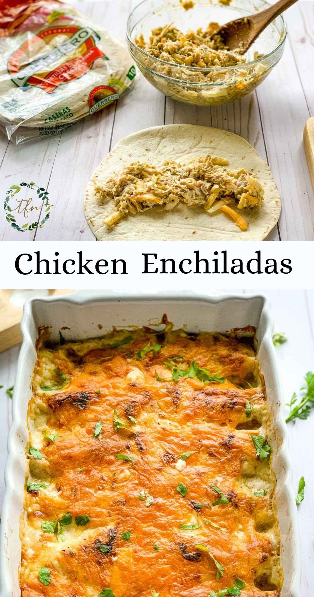 A photo showing the preparation and finished creamy chicken enchiladas casserole