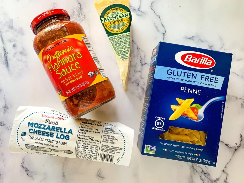what ingredients you need - organic marinara sauce, barilla penne, parmesan cheese, mozzarella cheese log
