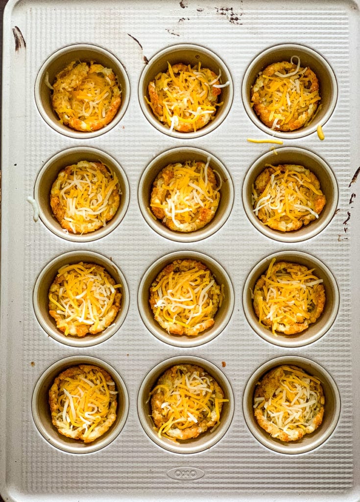 muffin tin with tater tots, cheesy baked tater tots