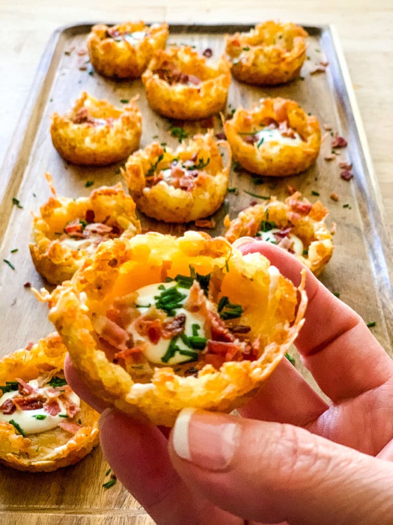 a tray of Loaded Tater Tots Appetizers ready to serve for game day