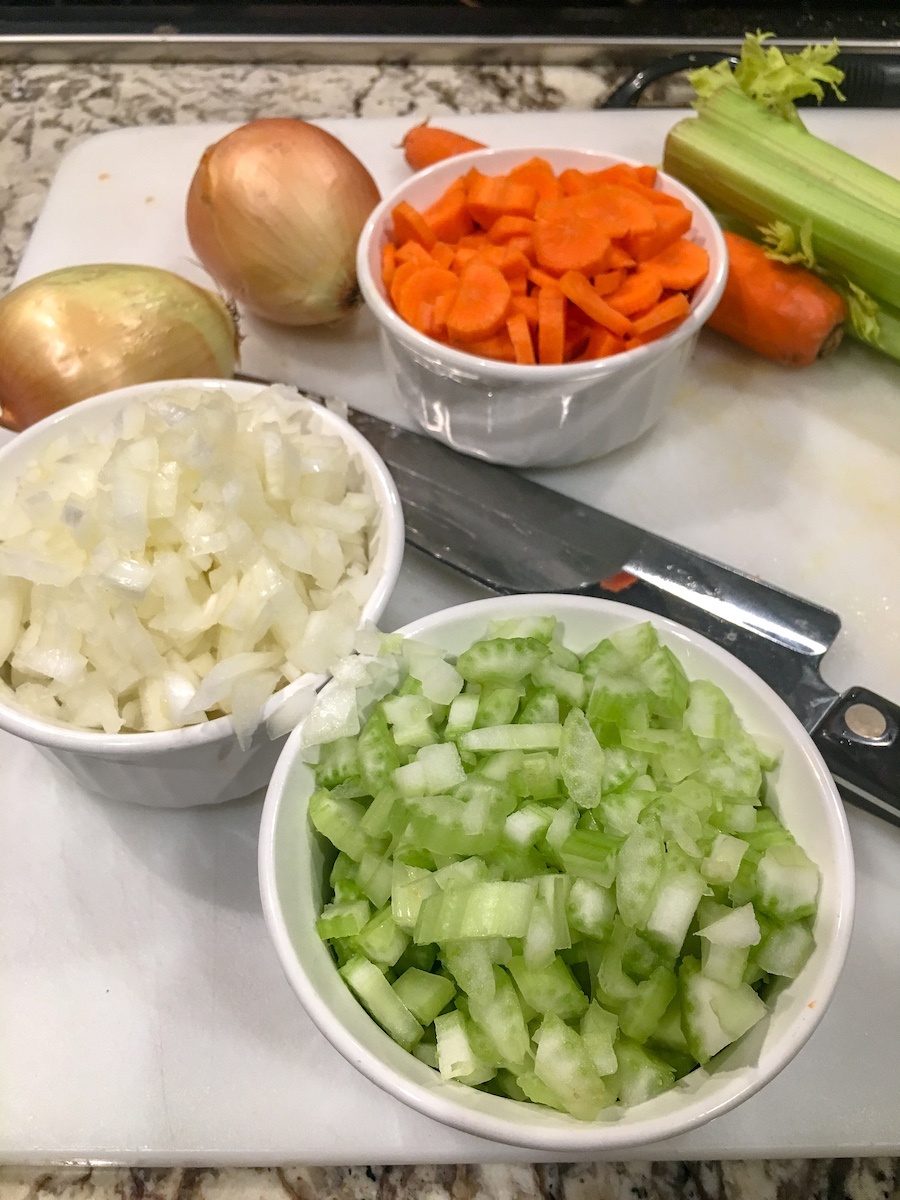 bowls of chopped carrots, celery, onions