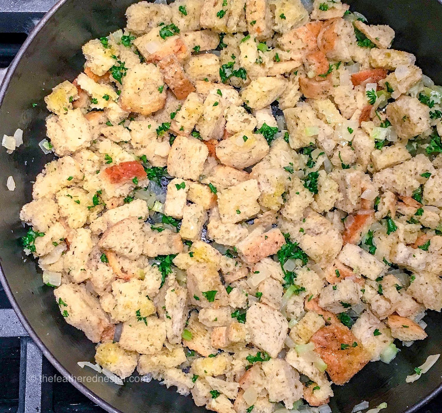 Sourdough Stuffing in a casserole dish