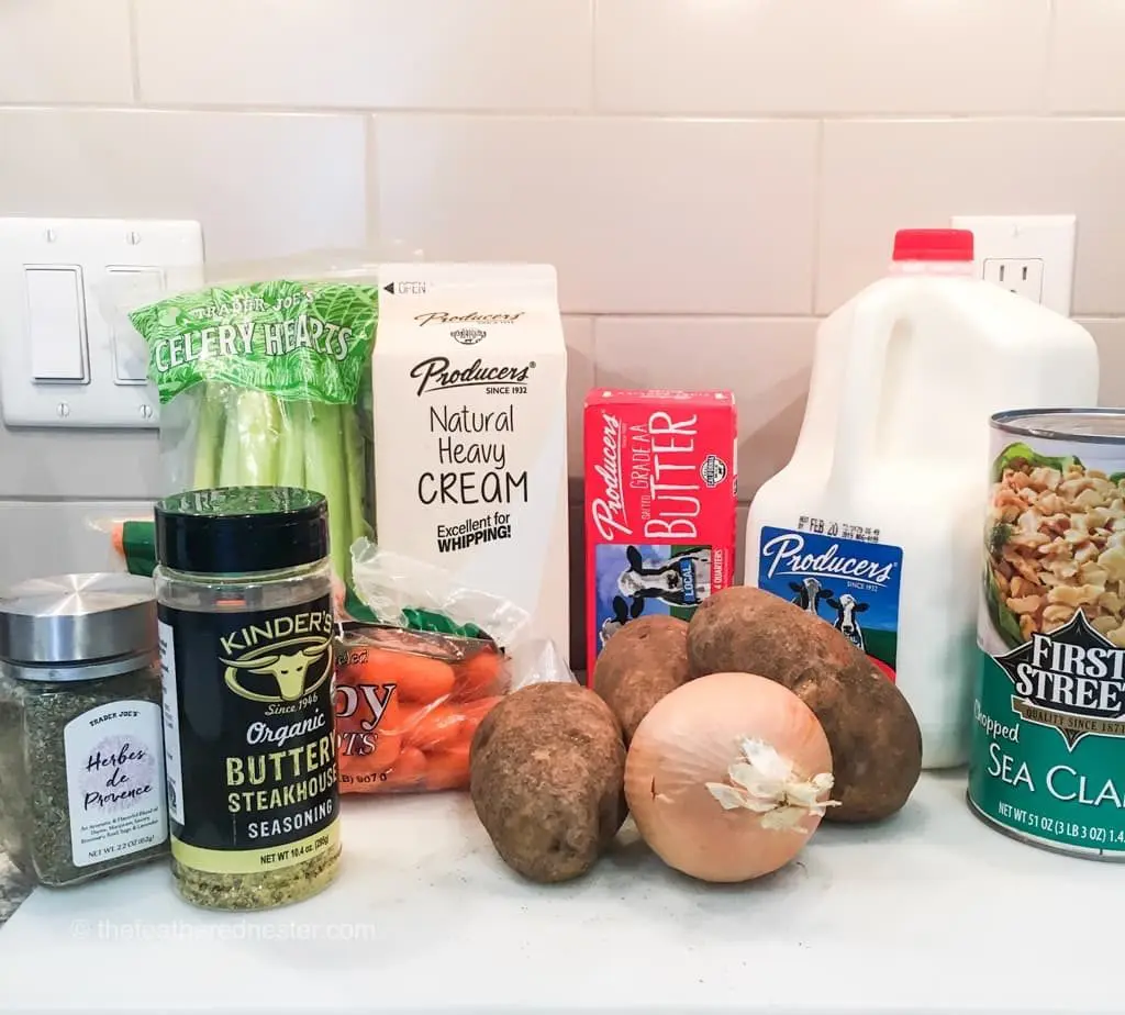 what you need to make Ultimate Clam Chowder - celery, natural heavy cream, butter, milk, onion, potatoes, carrots, herbes, buttery steakhouse seasoning, Sea Clam