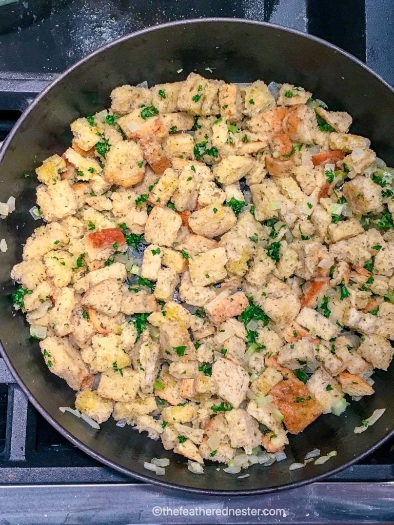 A casserole dish of sourdough stuffing.