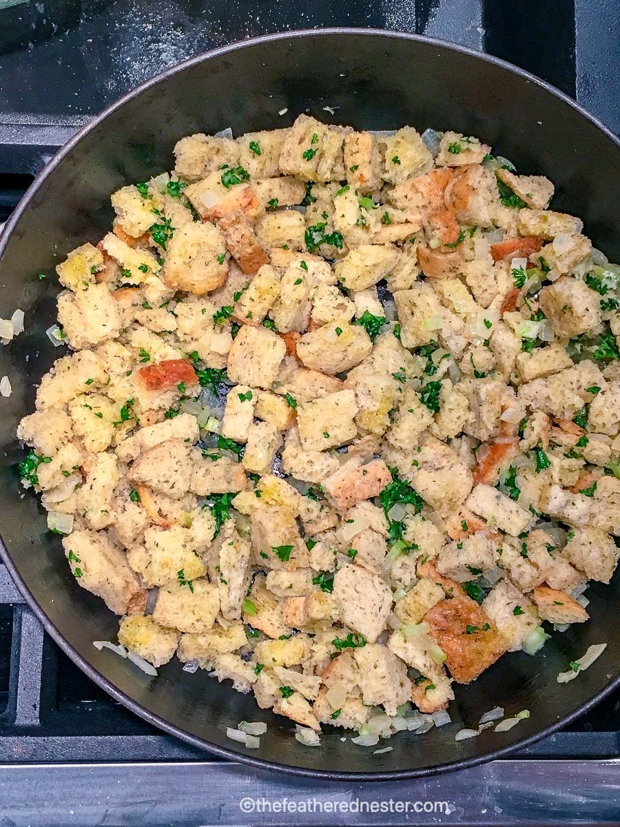 a casserole dish of sourdough stuffing.