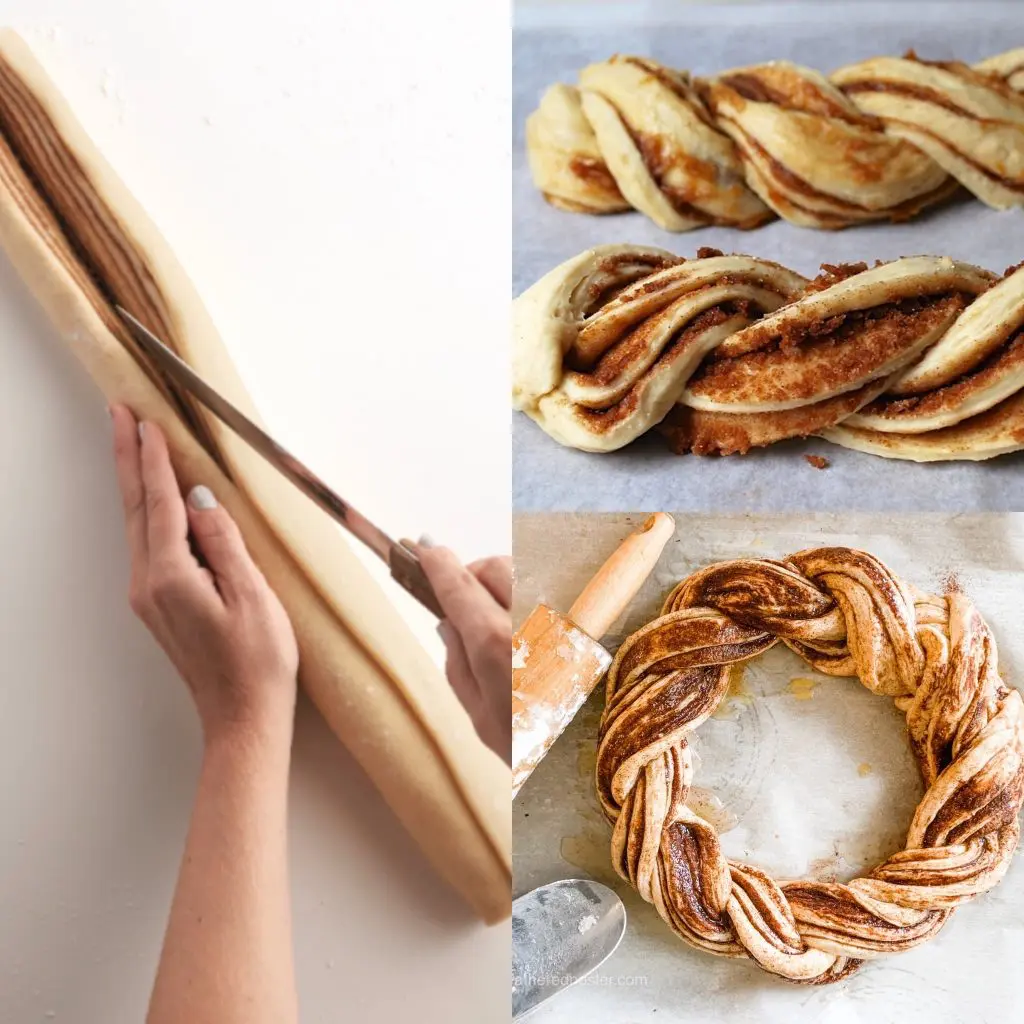 images that show how to make a bread twist with the pumpkin spice bread dough. roll the loaf, then cut in half lengthwise, and twist each half creating a circle.
