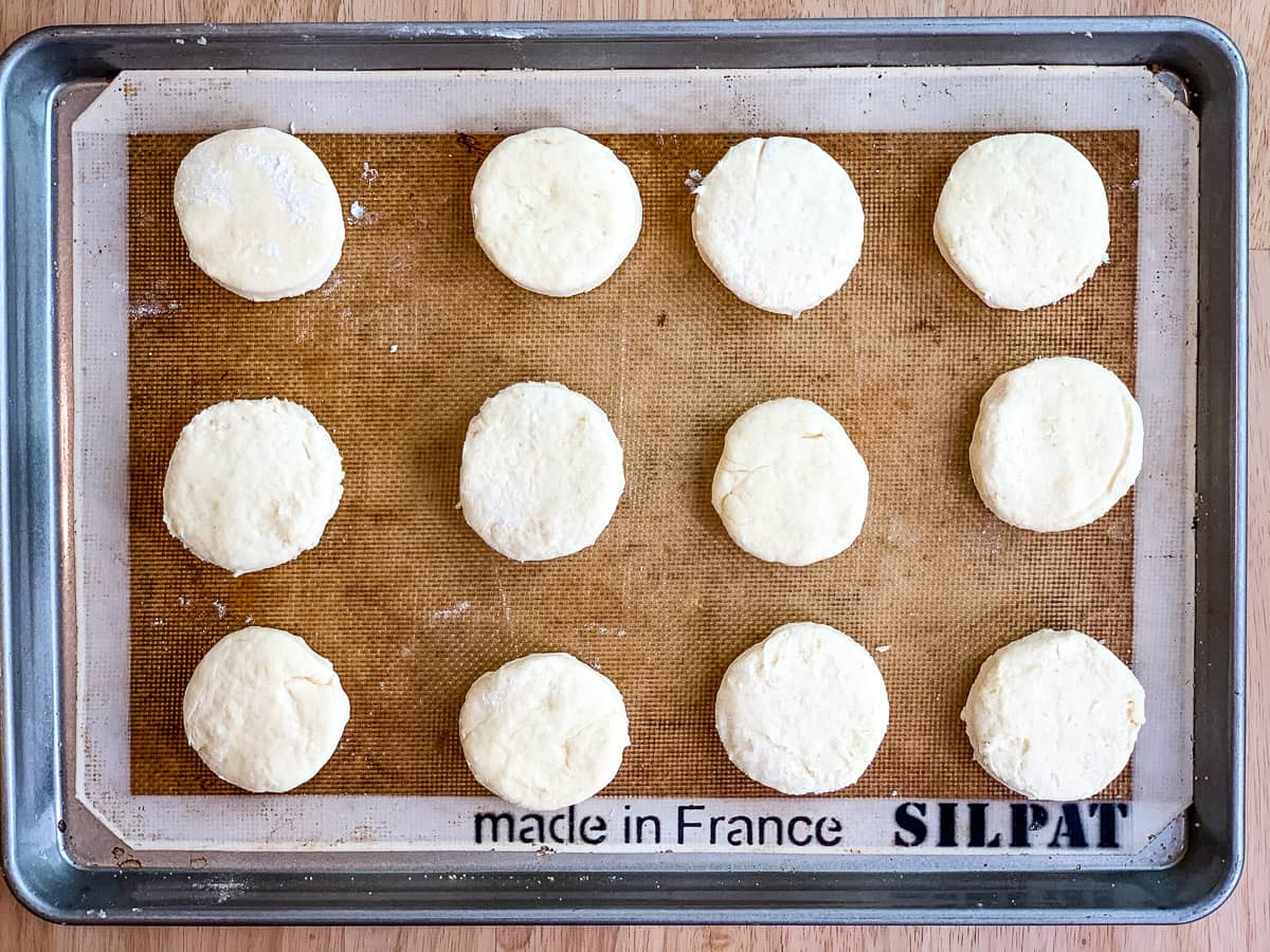 Sheet pan of cut biscuits ready to go into the oven. 