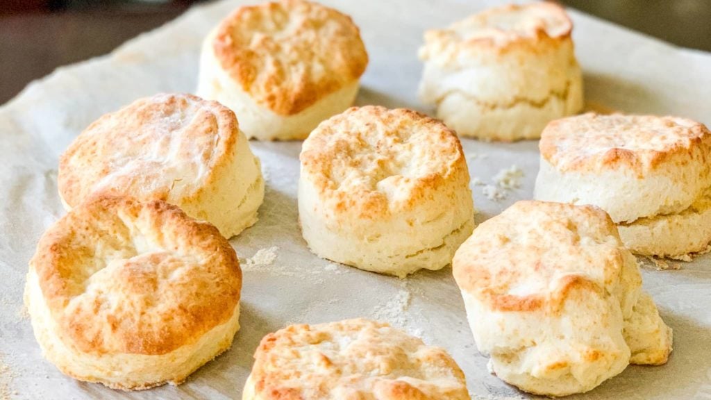 A baking sheet of 3 Ingredient biscuits fresh from the oven.