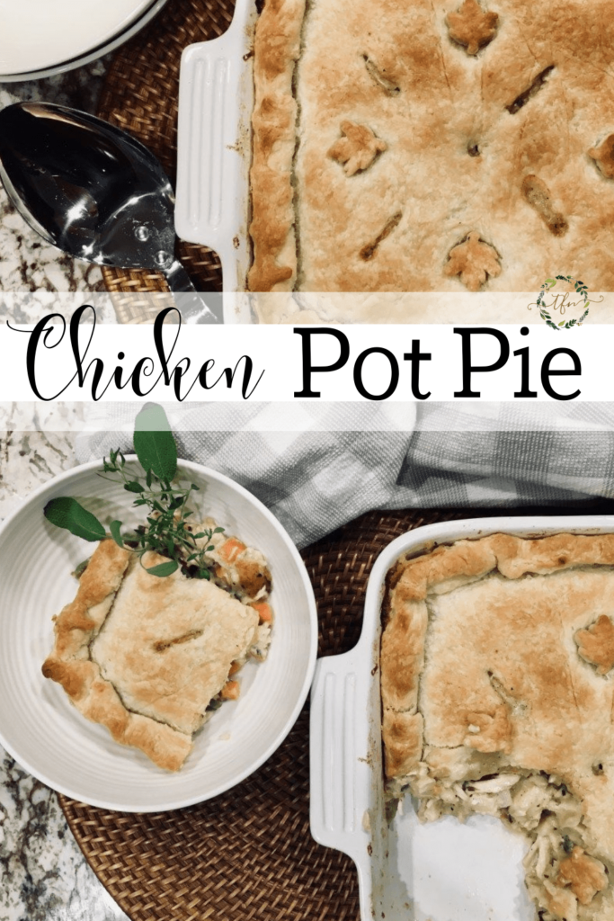 photos of chicken pot pie casserole and a bowl ready to serve