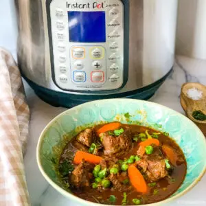 green bowl with beef stew and an Instant Pot at the back.