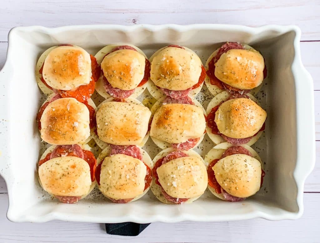 baked Super Bowl sliders filled with deli meats and cheese
