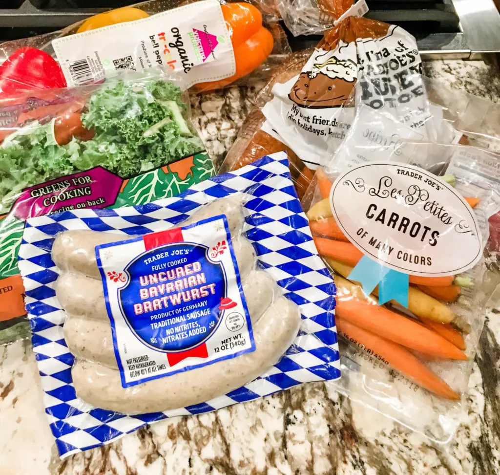 ingredients for Sheet Pan Sausage and Veggies: uncured Bavarian sausage, carrots, kale, bell pepper and potatoes