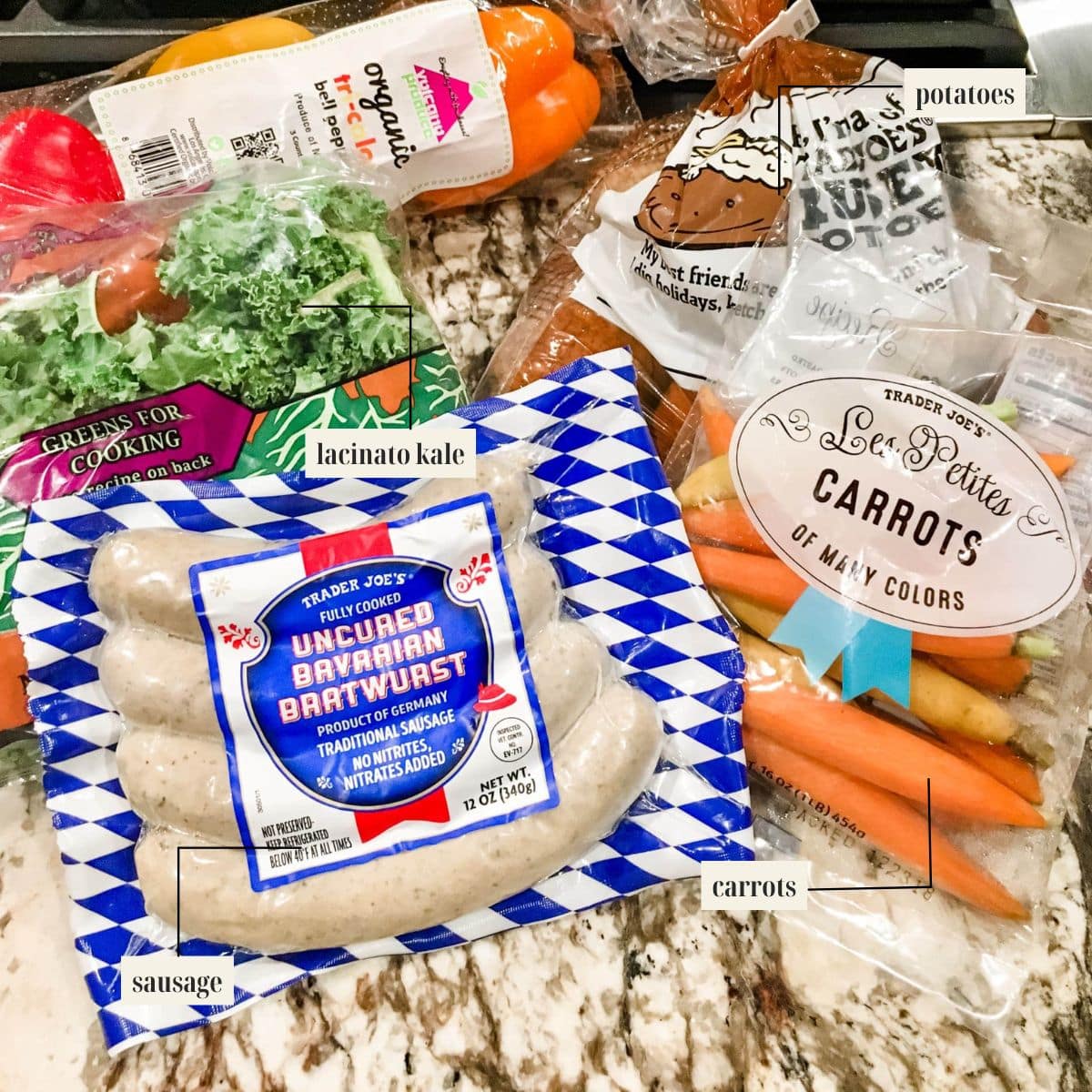Labeled ingredient image for sheet pan sausage recipe.