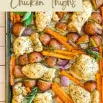 Sheet Pan Chicken Thighs with vegetables and writings on top and bottom