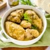 a casserole dish of chicken salsa verde ready to serve.