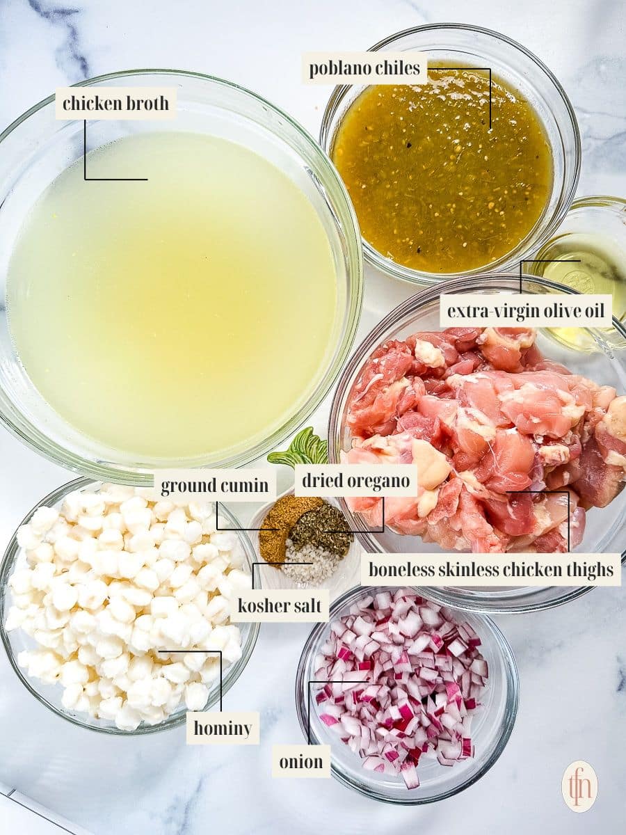 Labeled ingredient image for pozole recipe.