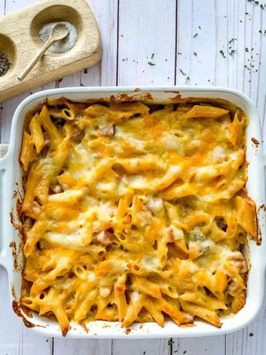 Casserole dish of baked white cheddar mac and cheese.