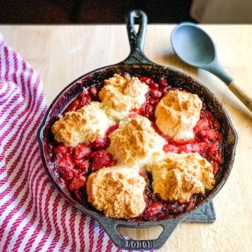 Bisquick Strawberry Cobbler in Cast Iron Skillet.