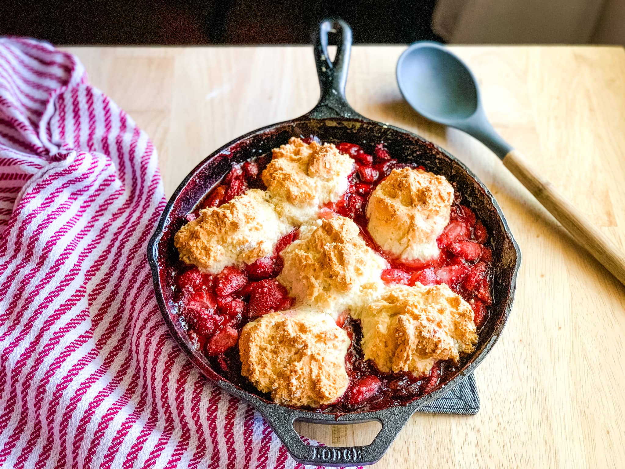 Bisquick Strawberry Cobbler in Cast Iron Skillet.