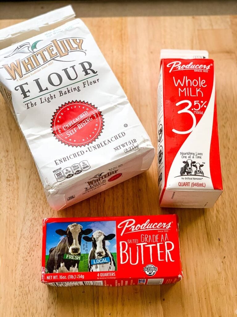 Milk, butter, and self rising flour for drop biscuits recipe.