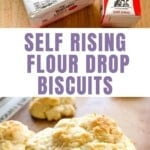 Collage of ingredients to make drop biscuits with self rising flour and a hand holding a freshly baked drop biscuit.