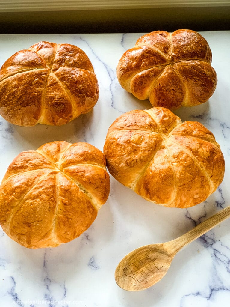 freshly bakes pumpkin shaped bread bowls 