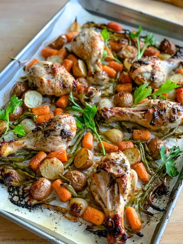 sheet pan of balsamic chicken and veggies from the oven