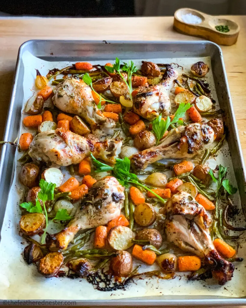 sheet pan of balsamic chicken and veggies from the oven