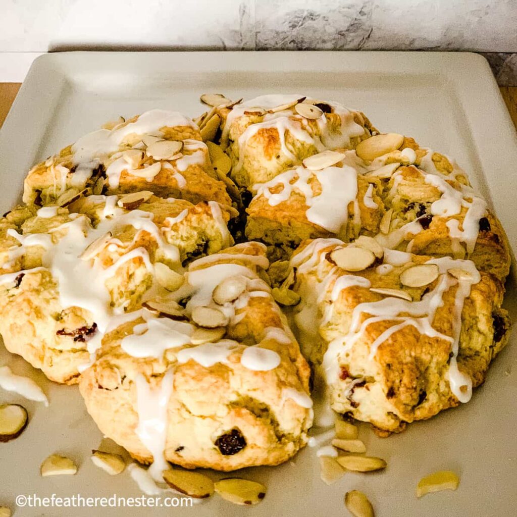 cranberry almond scones recipe on a platter ready to serve