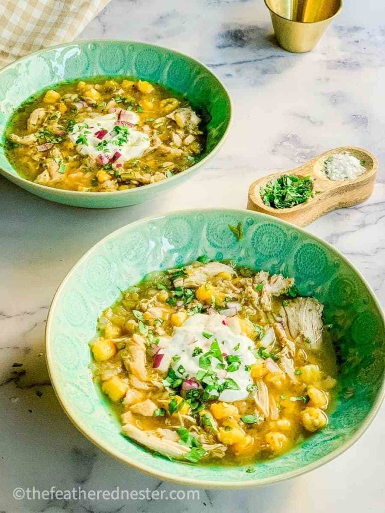 two bowls of instant pot chicken posole