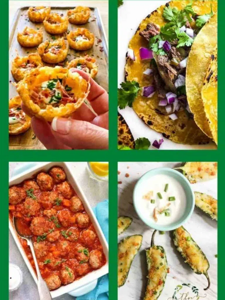 a collage of super bowl appetizers, loaded tater tot appetizer, beef taco, meatballs in sauce, and jalapeno poppers