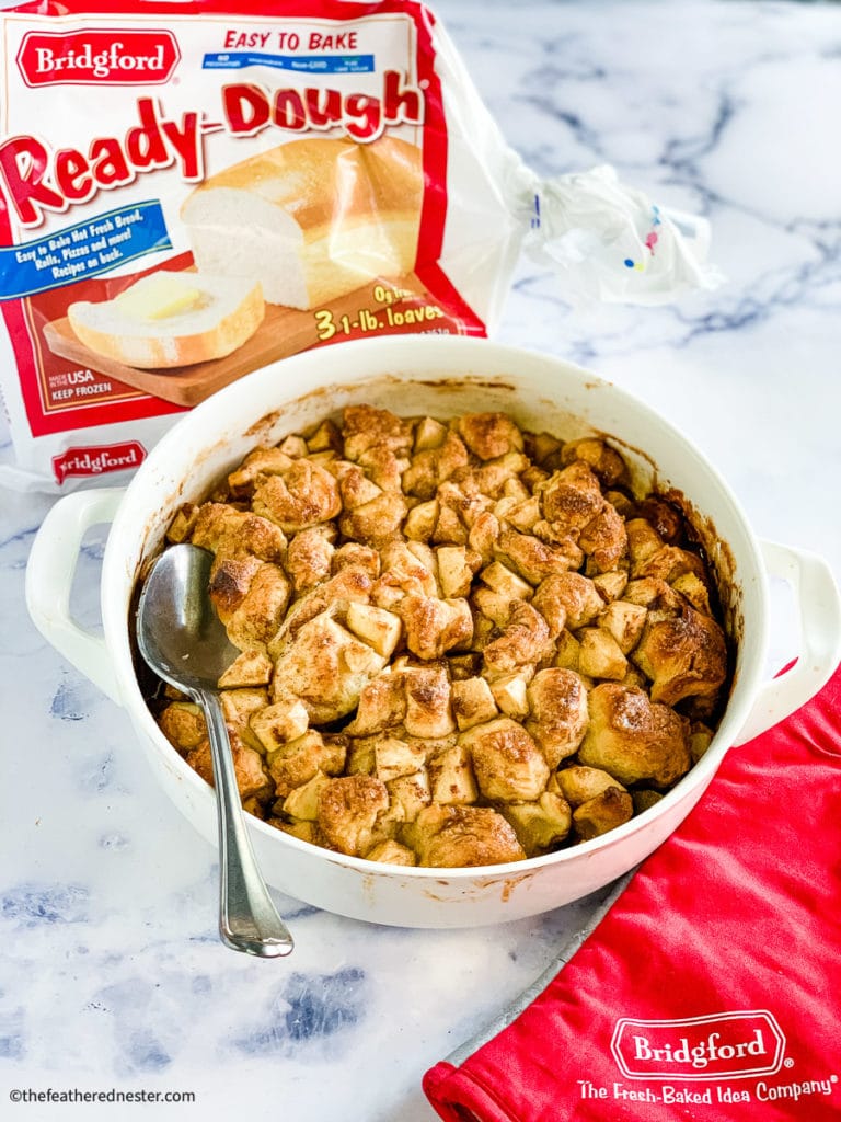 bridgford ready-dough apple fritter breakfast casserole bake shown in a baking dish