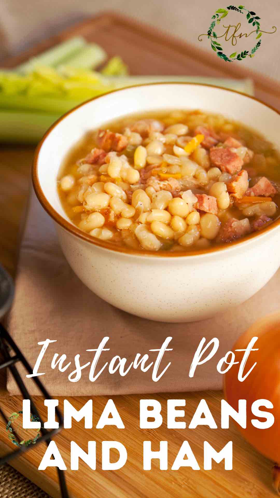 Bowl of Instant Pot Lima Beans and Ham made from dried or frozen lima beans.