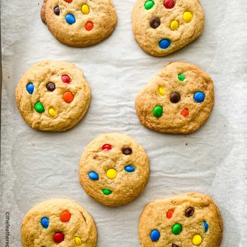 M&M Cookies on a baking sheet