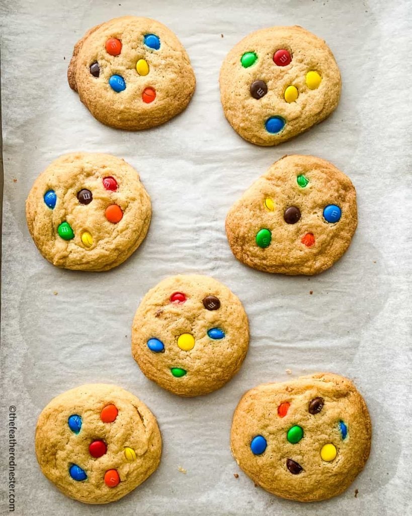freshly baked M&M Cookies on a baking sheet