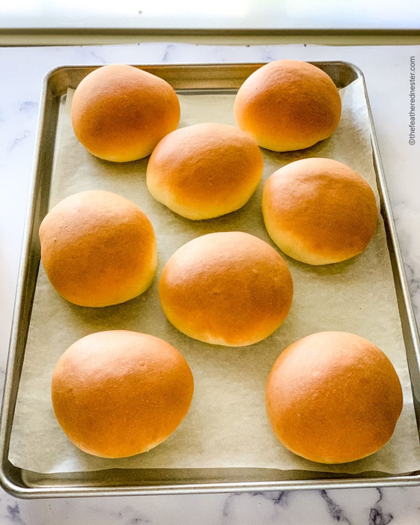 sheet pan of freshly baked hamburger buns.