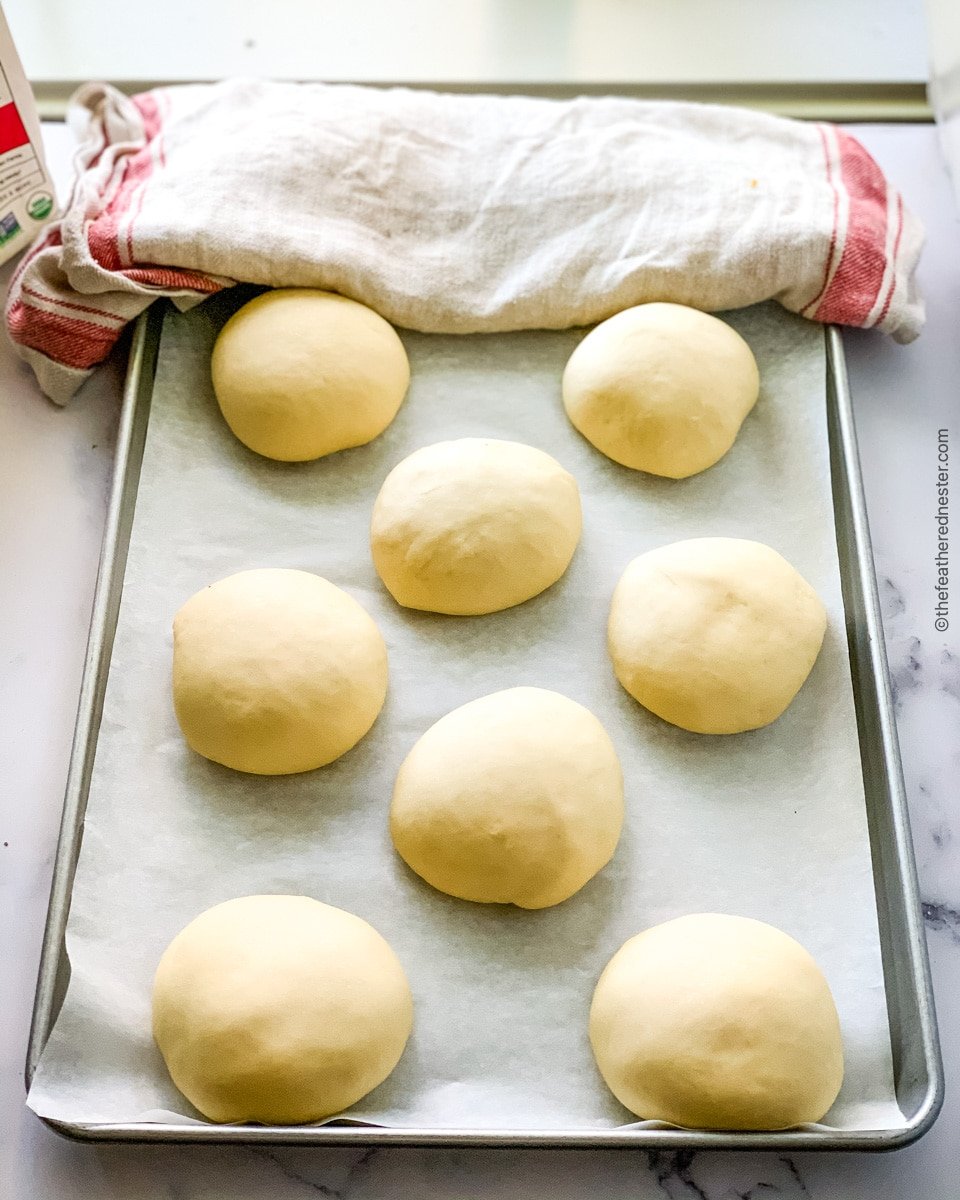 A baking sheet with 8 pieces of dough and a tea towel in the background.