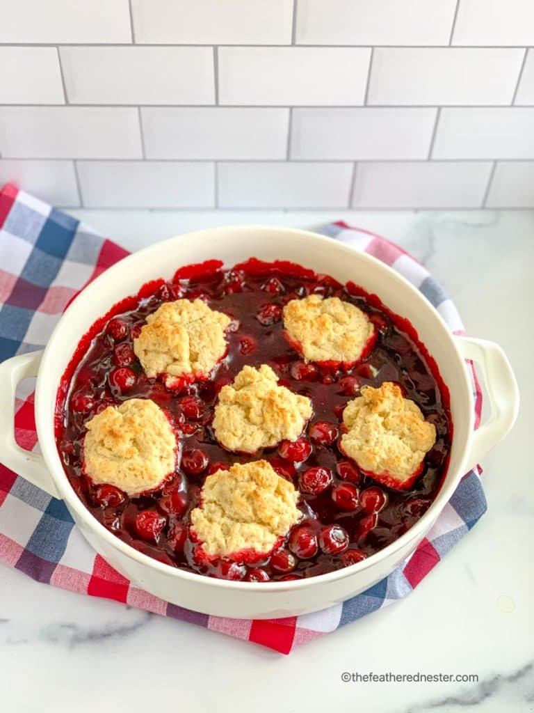 white casserole dish of original  Bisquick cherry cobbler