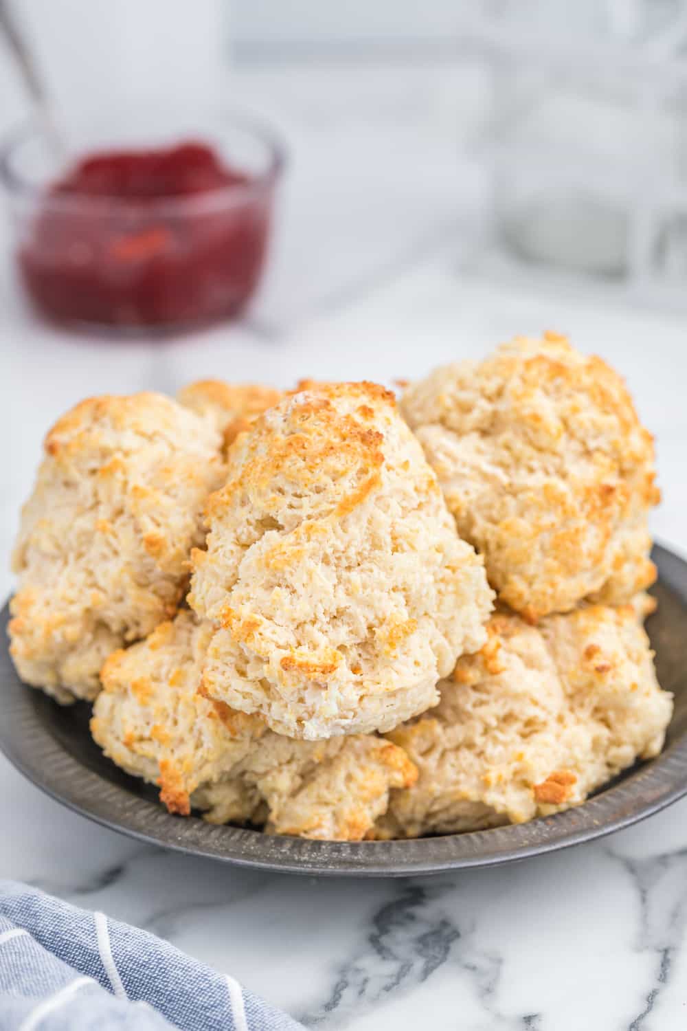 A plate of 3 ingredient buttermilk biscuits, ready for serving.