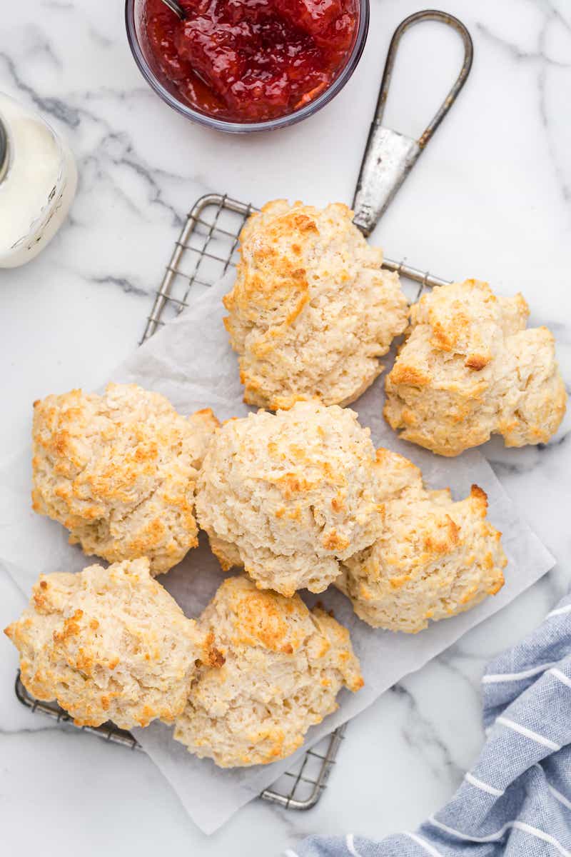 Buttermilk biscuits with strawberry jam.