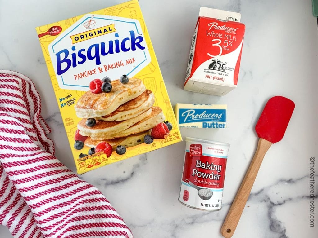 bisquick baking mix, milk, baking powder, and butter