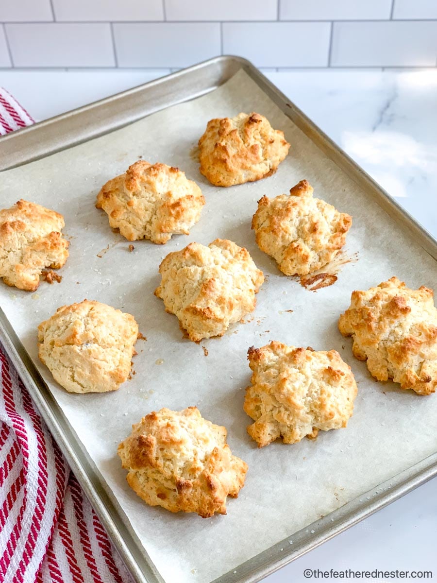 A baking sheet of freshly baked Bisquick biscuits.