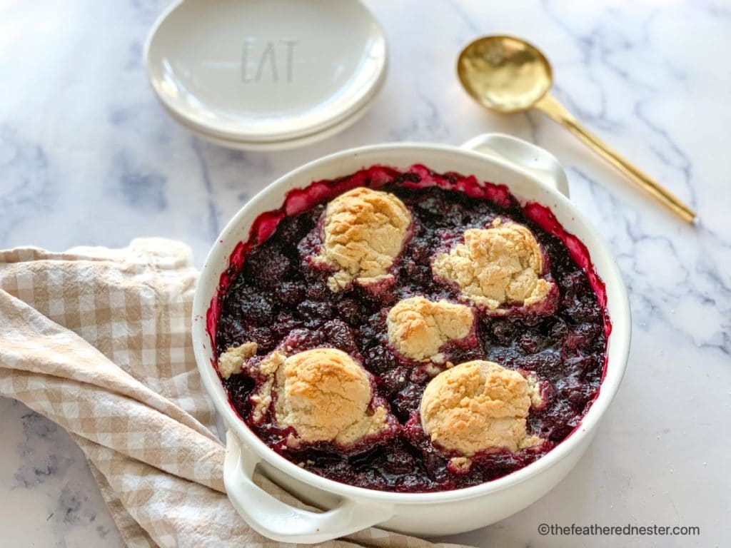 baked bisquick blackberry cobbler ready to serve
