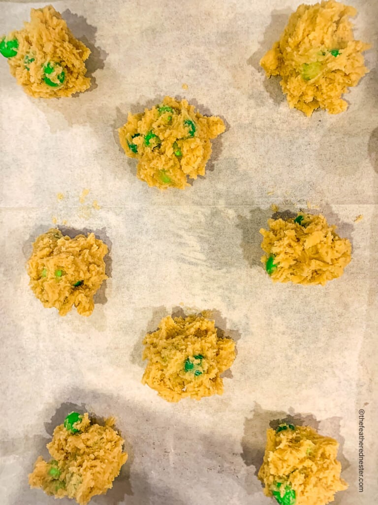 Unbaked cookie dough on a baking sheet
